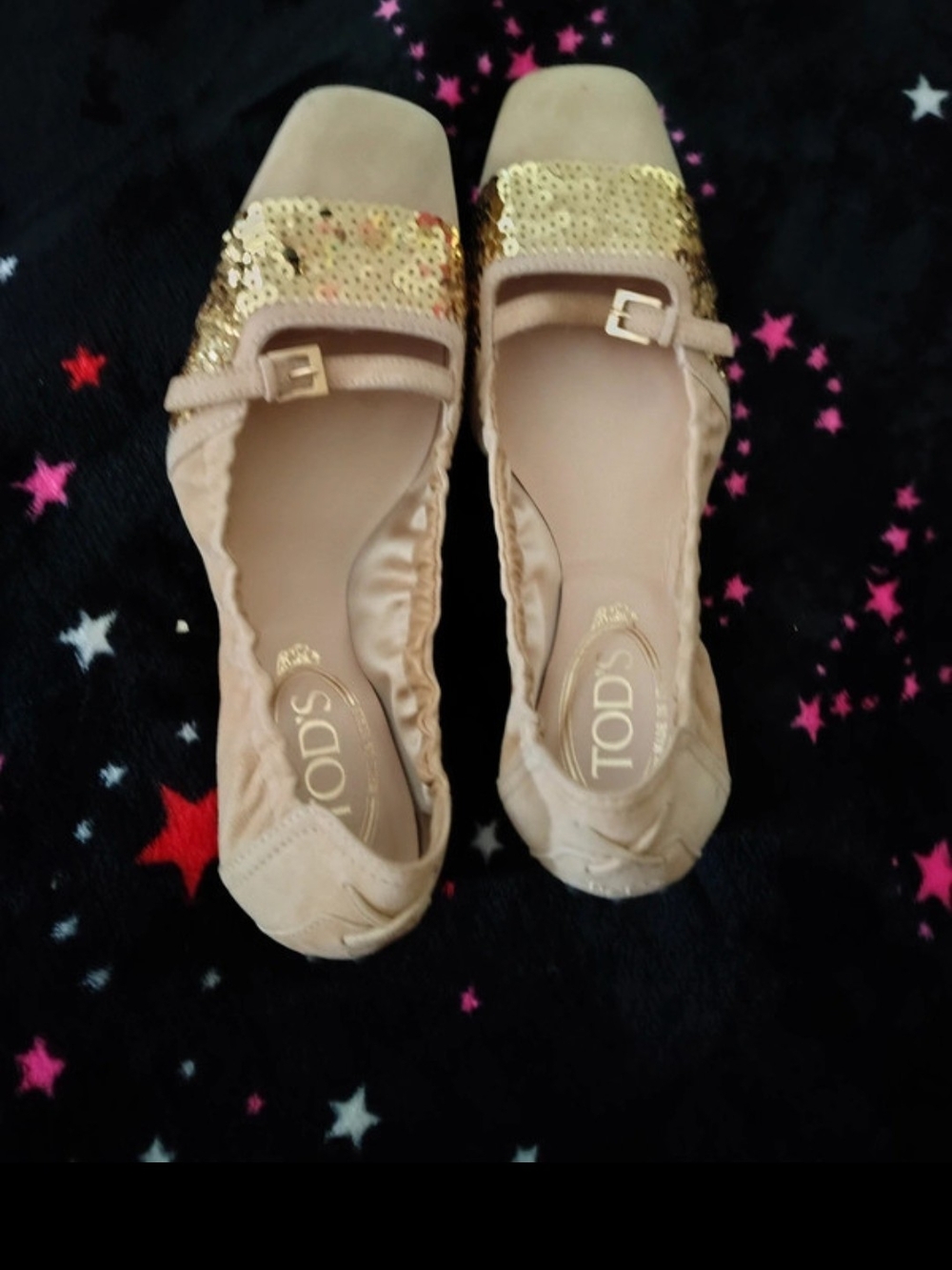 Tod's Beige Ballet Flats with Gold Sequin Toe